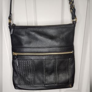 Elliott Lucca Gini flat crossbody in black leather with antique gold hardware